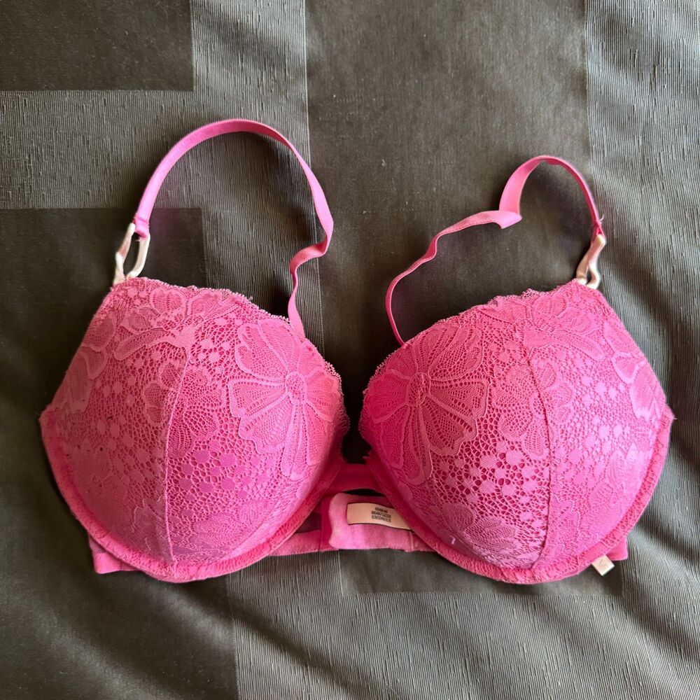 VICTORIA'S SECRET Hot Pink Floral Lace Push Up Bra Size 38DD